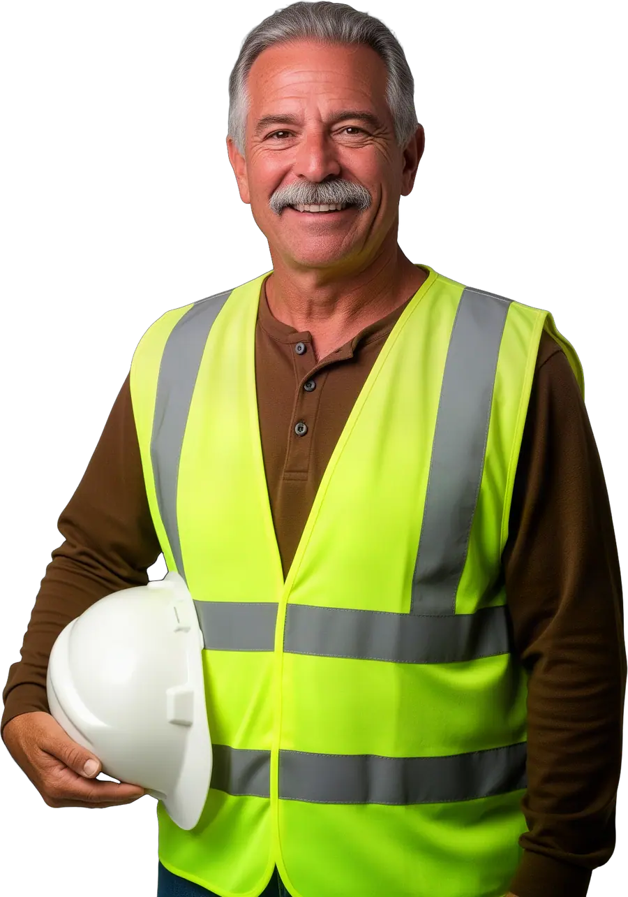Smiling grey-haired man with a moustache in a hi-vis yellow vest holding a white hard hat