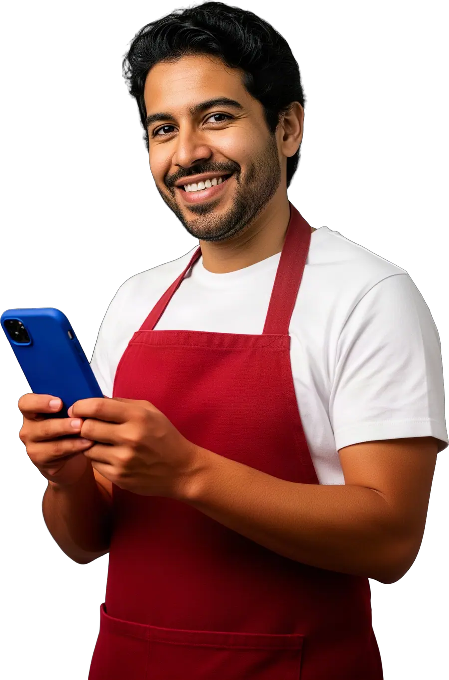 Smiling man with a short beard in a red apron and white t-shirt holding a blue phone in both hands