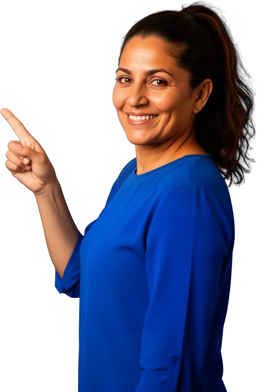 Smiling woman with a dark ponytail in a royal blue blouse pointing up and to the side