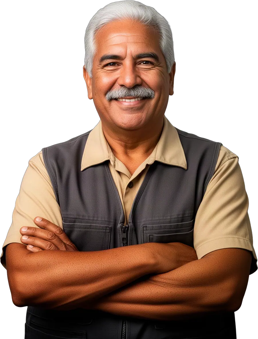 Smiling silver-haired man with a grey moustache in a tan shirt and charcoal vest, arms crossed