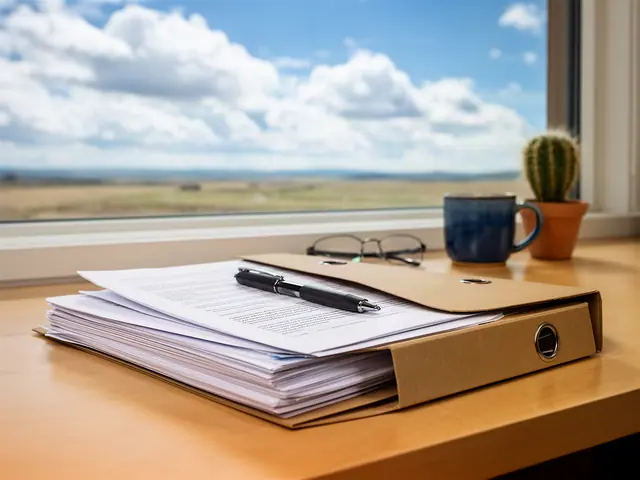 Stack of papers and a black pen on a kraft folder by a window overlooking open plains