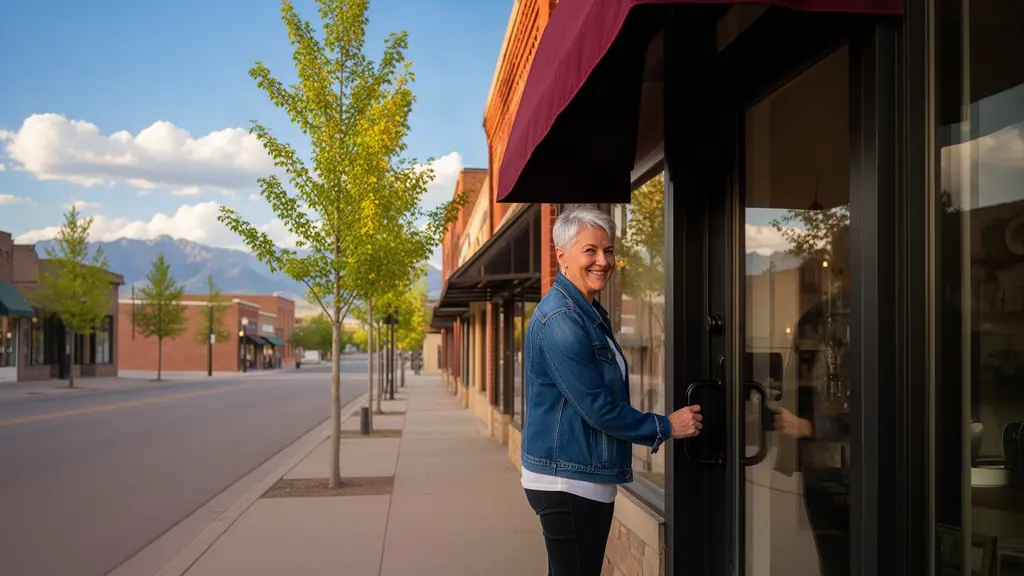 Silver-haired woman in a denim jacket opening a glass shop door on a red brick street with mountains beyond